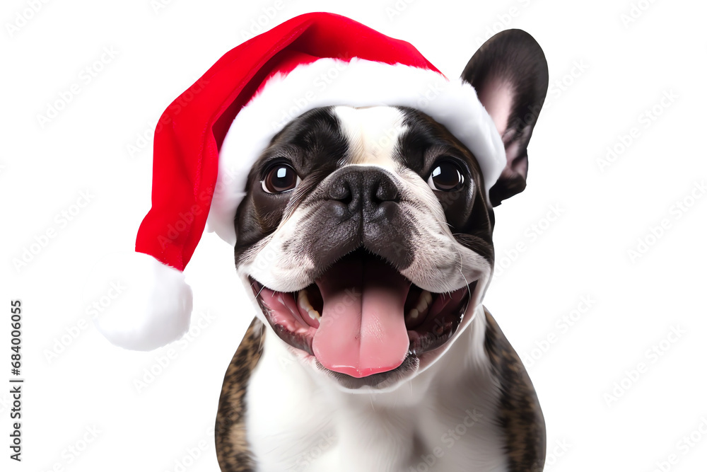 french bulldog with santa hat excited for christmas isolated on transparent background