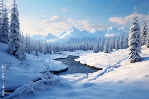 Breathtaking Winter Wonderland: Majestic Mountains Meet Spruce Forest Generative AI
