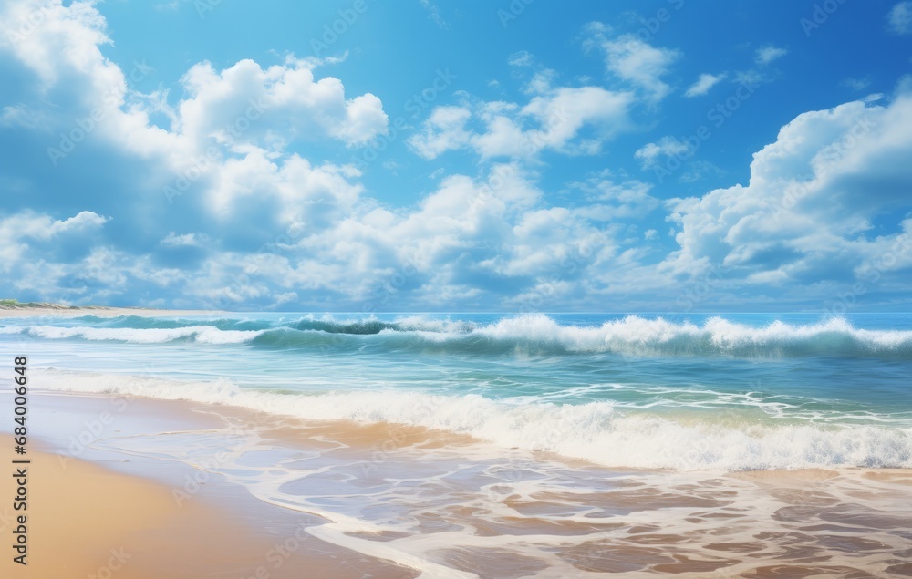Mesmerizing Coastal Vistas: A Paradise Underneath a Cloud-Adorned Blue Sky Generative AI
