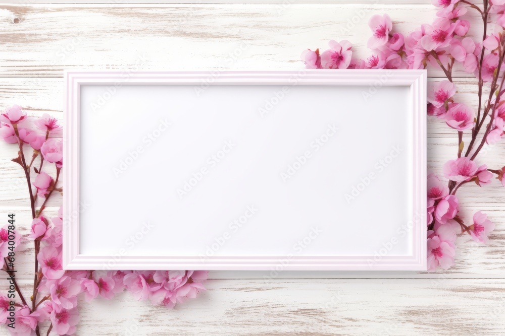 Captivating Beauty: Exquisite Pink Floral Frame on Crisp White Wooden Wall Generative AI
