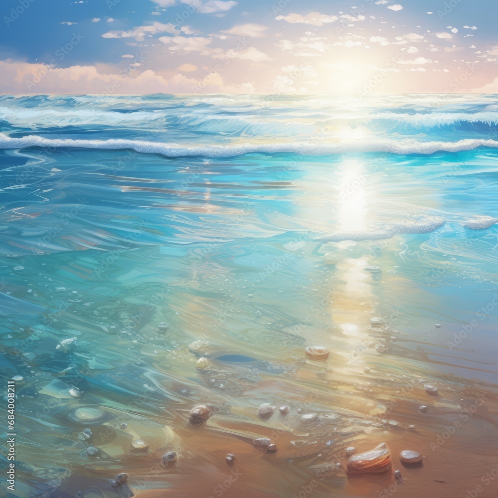Obraz premium Unveiling Serenity: An Artistic Blend of Crystal Clear Waters and Golden Sands - Journey into Nature's Paradise Generative AI