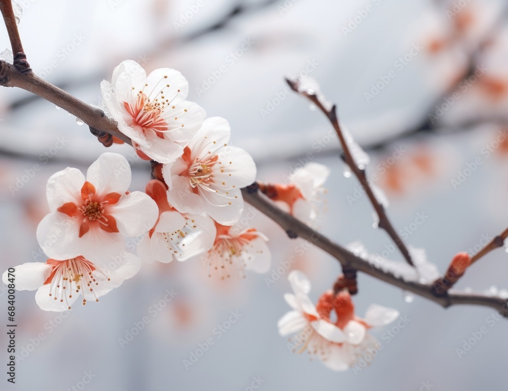 Winter's Enchantment: Blooms Blossoming Amid Snow-Kissed Branches Generative AI Winter's Enchantment: Blooms Blossoming Amid Snow-Kissed Branches Generative AI