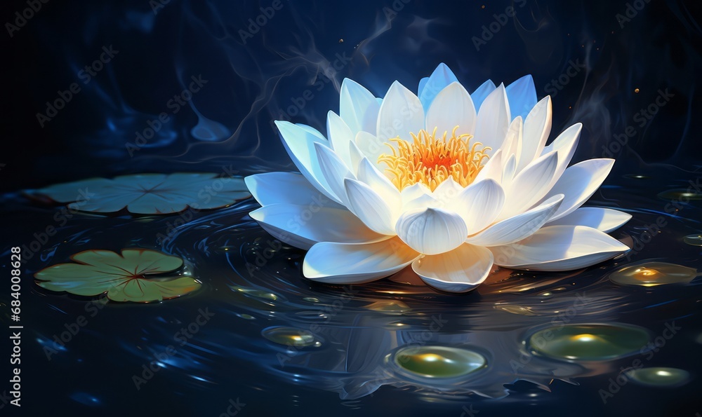 Exquisite Solitude: A White Lotus Blossom Floating Serenely on Azure Waters Generative AI