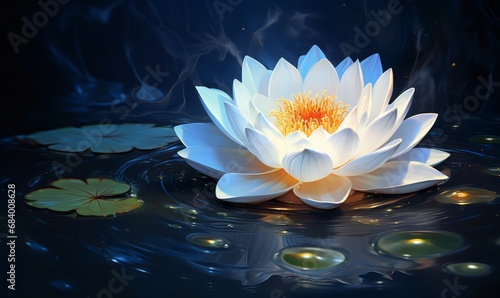 Exquisite Solitude: A White Lotus Blossom Floating Serenely on Azure Waters Generative AI