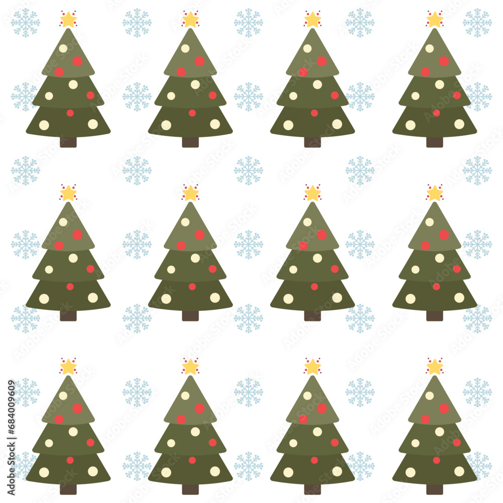 Cute merry christmas background with christmas tree, christmas wreath and snowflake. Seamless pattern background christmas party.
