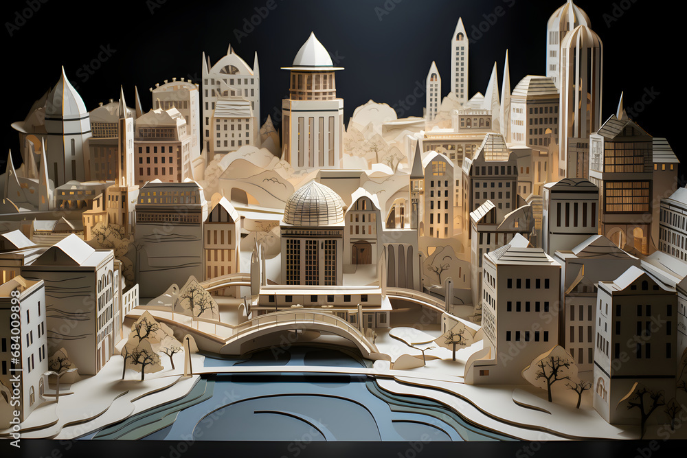 Fototapeta premium A fantastical papercraft cityscape, with towering buildings and intricate details that highlight the versatility of paper art. Ai Generated.NO.04