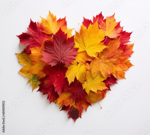 Autumn Love  Vibrant Maple Leaf Heart on a Pristine White Background Generative AI