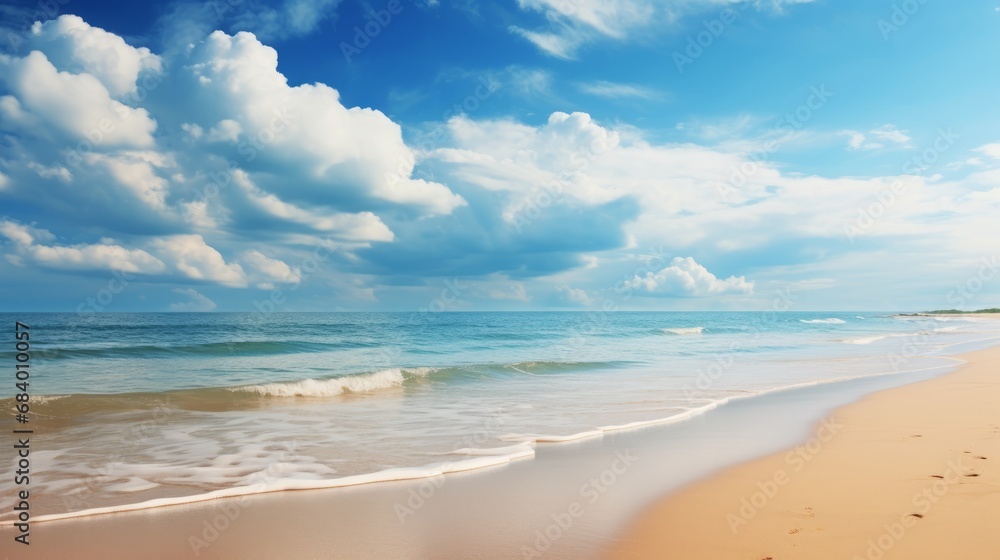 Breathtaking Panorama: Sunshine Dances on Tranquil Beach Sands Generative AI