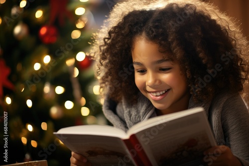 Joyful Child Reading a Book by Christmas Tree Lights 
