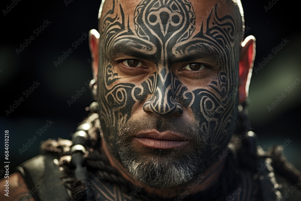 Man with traditional Pacific Islander facial tattoos and adornments