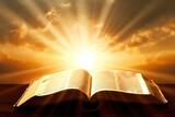 Bright sun light and bible book silhouette guiding the bright pat