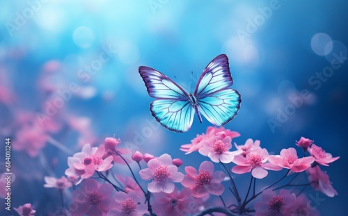 Exquisite Blue Butterfly: A Natural Jewel Amidst Vibrant Flowers - An Unmissable Visual Delight Generative AI