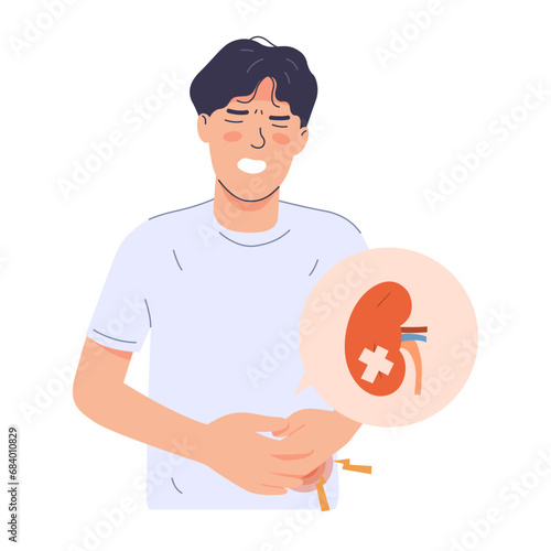 Man with kidney disease holding his abdominal. Modern trendy style. Hand drawn vector character illustration. Isolated on white background.