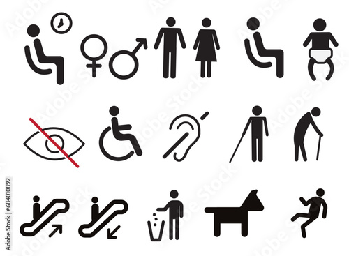 Icon set for people. Transportation icon, airport icon, stair icon, toilet  icon set