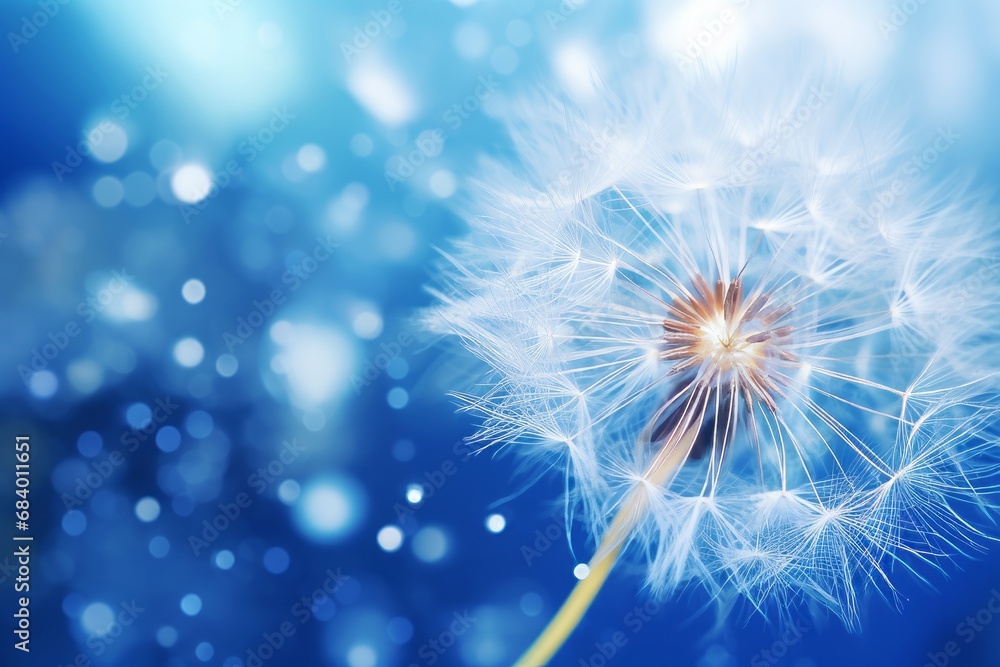 Mesmerizing Close-Up: Dandelion Seed Adorned with Dew Drops Against Azure Backdrop Generative AI