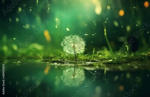 Nature's Enchantment: A Captivating View of Dandelion Reflection on Lush Green Backdrop Generative AI