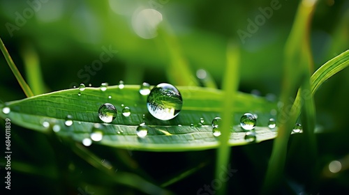 Captivating Dew Drop Moment: A Fresh Perspective on a Leaf of Grass Generative AI