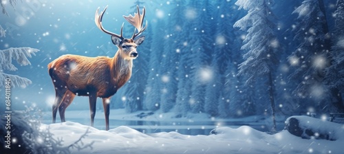Magical Winter Wonderland: Encounter Majestic Deer Amidst a Snowy Forest Blanket Generative AI © monsifdx