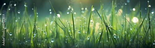 Glistening Sunrise: Dew-Kissed Grass Awakening Under the Sun's Warm Embrace Generative AI
