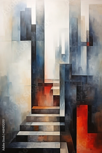 Abstract Cubist Staircase in Warm and Cool Tones