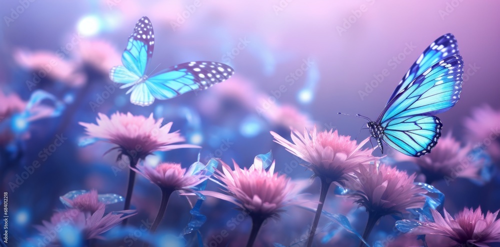 Mesmerizing Dance of Butterflies amidst Lush Blue Blooms: A Visual Treat Generative AI