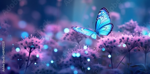 Exquisite Harmony: Enthralling Encounter of Butterflies & Blue Blooms Generative AI