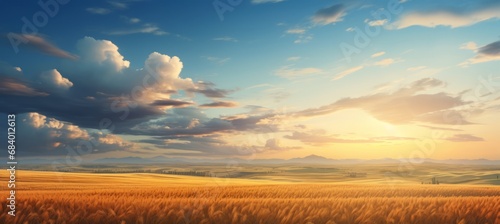 Golden Hour Glory: Stunning Sunset over Bountiful Grain Fields Generative AI