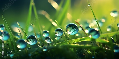 Radiant Sunrise Dew Drops on Emerald Blades of Grass - An Exploration of Natural Beauty Generative AI