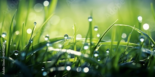 Dawn's Jewels: Exquisite Dew Drops on Sunlit Green Grass Generative AI