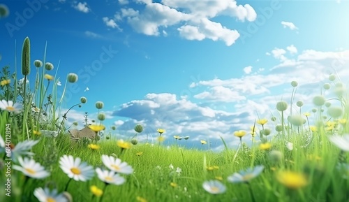 Immerse in Nature: Uncover the Serene Beauty of Green Meadows and Blossoming Flowers Generative AI