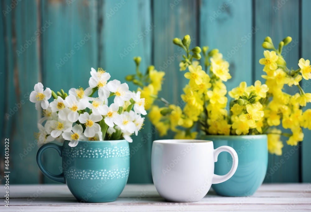 Invigorating Touch of Spring: Radiant Blue & Yellow Mugs that Brighten Your Day Generative AI