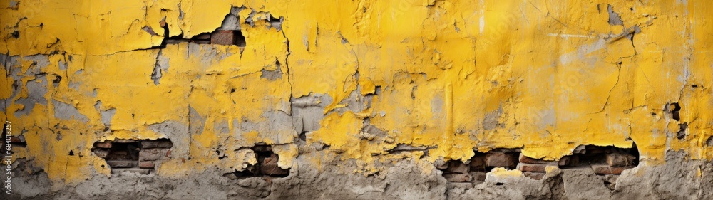 Deteriorating Yellow Brick Wall with Peeling Paint and Cracks