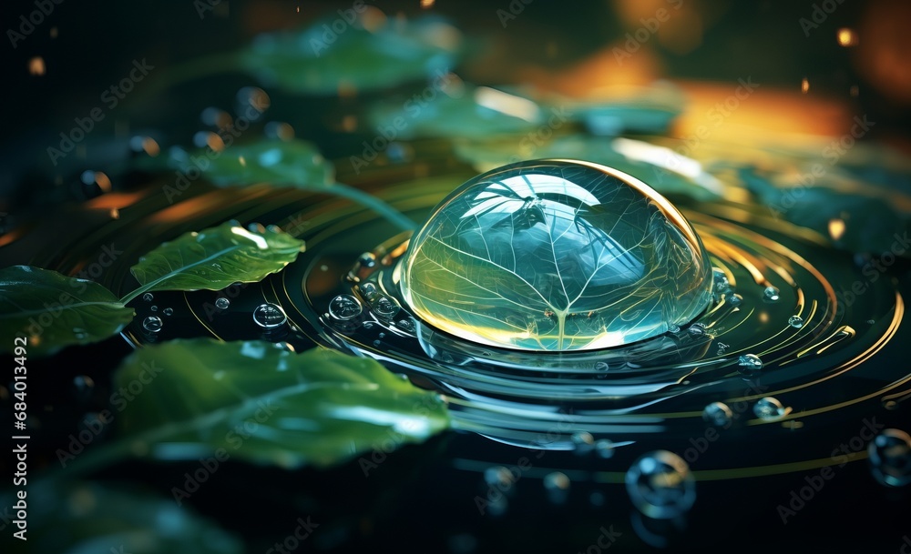Stunning Display: Leaf Meets Water Drop in Majestic Art Style Generative AI