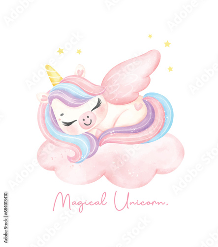 Cute unicorn sleeping on cloud watercolor dreamy nursery Art illustration. Magical Unicorn.