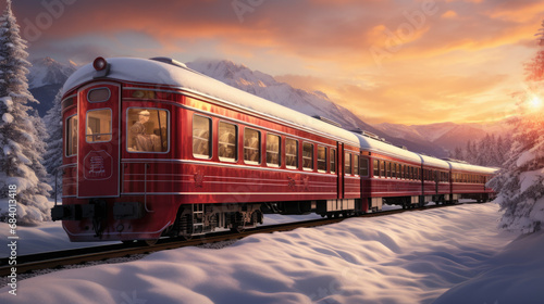 A train travels through a winter landscape
