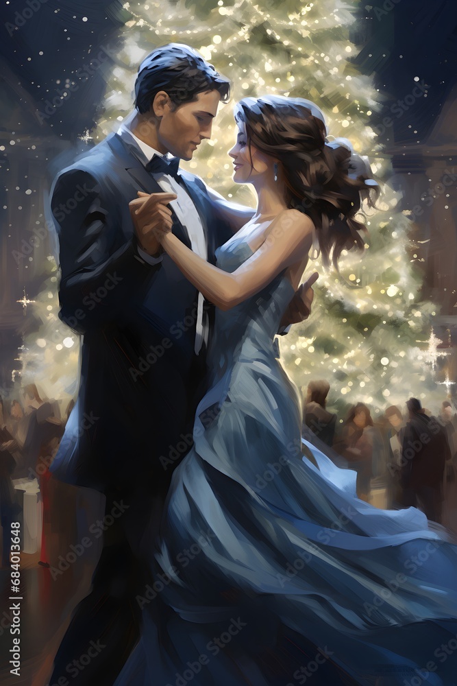 young beautiful couple dancing at Christmas, ballroom evening dress, Christmas tree in the city, New Year digital art young beautiful couple dancing at Christmas, ballroom evening dress, Christmas tree in the city, New Year digital art