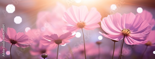 Splendid Sunset: A Stunning Display of Pink Cosmos Bathed in Sunlight Generative AI