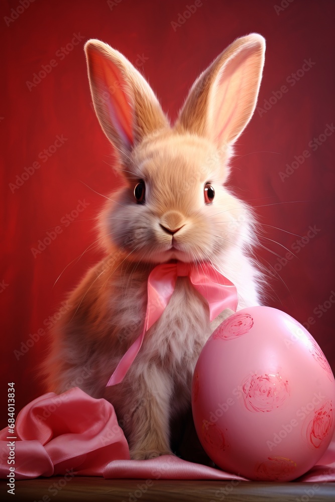 Obraz premium Vibrant Easter Celebration: Enchanting Portrait of the Easter Bunny with a Stunning Red Egg Generative AI