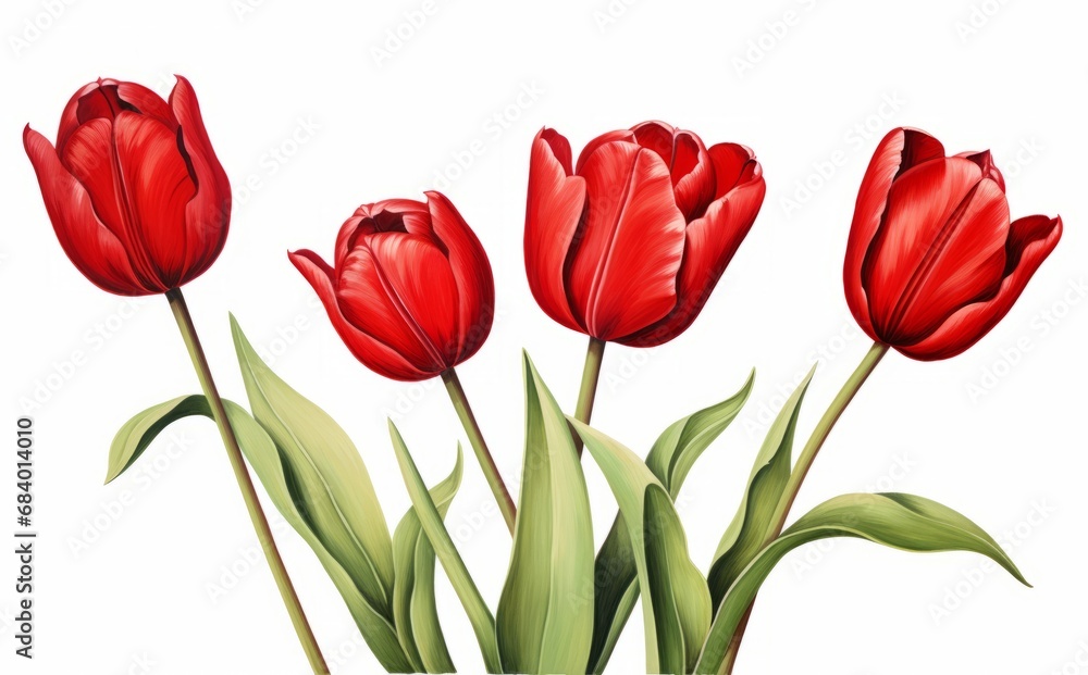 Breathtaking Blooms: Vibrant Red Tulip Flowers with Lush Leaves on a Pristine White Background Generative AI Breathtaking Blooms: Vibrant Red Tulip Flowers with Lush Leaves on a Pristine White Background Generative AI