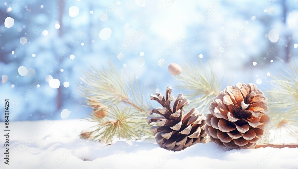 Mesmerizing Winter Wonderland: Delicate Snowflakes Adorn Pine Cones Generative AI