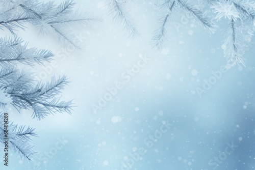 Winter's Majesty: An Up-close Look at Snow-covered Spruce Branch Against Stunning Blue Abstract Background Generative AI © monsifdx