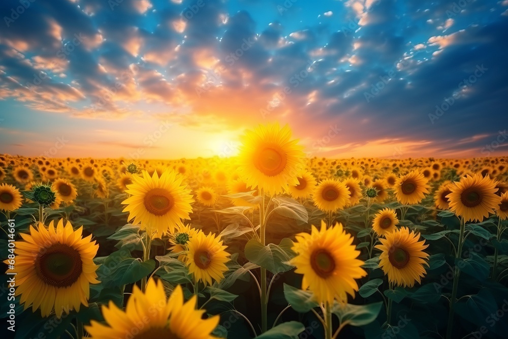 Fototapeta premium Sunset Symphony: The Golden Splendour of Sunflower Fields Generative AI