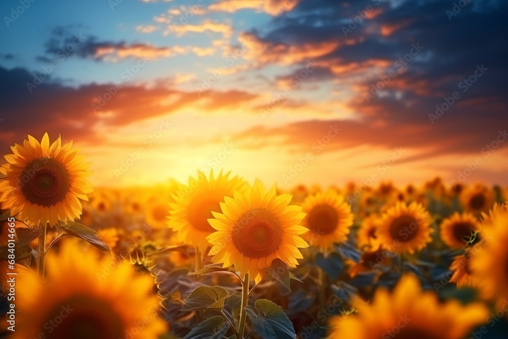 Experience the Radiant Glory: Sun-Kissed Sunflowers Field at Dusk Generative AI