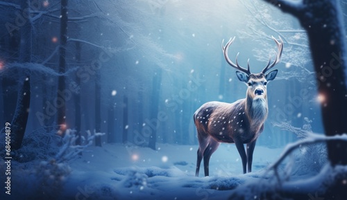 Majestic Deer Encountered Amidst a Snow-Blanketed Forest - An Enchanting Winter Moment Generative AI © monsifdx