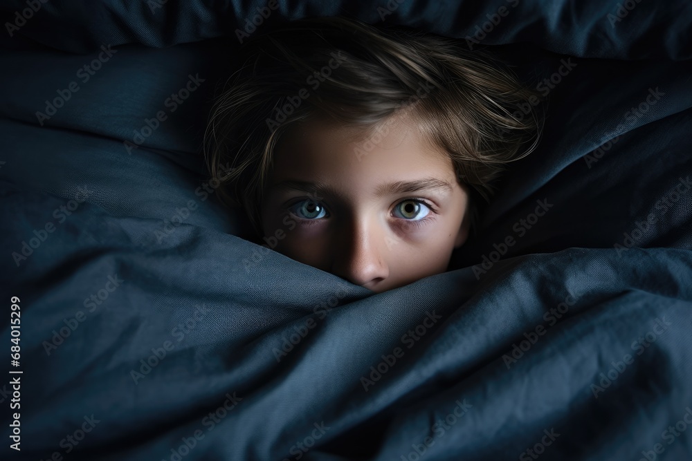 Portrait of a 10 years old kid lying down on the bed, face scared, dark mood, looking at camera from directly above. Portrait of a 10 years old kid lying down on the bed, face scared, dark mood, looking at camera from directly above.
