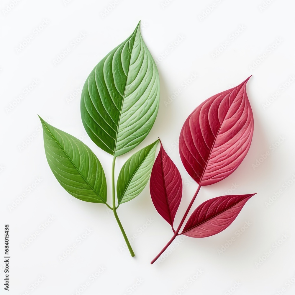 Vivid Serenity: Close-Up Shot of Two Pristine Leaves on Pure White Background Generative AI