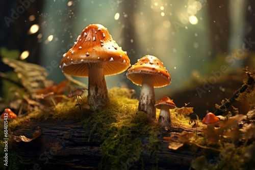 Enchanting Artistry: An Unusual Duo of Mushrooms Nestled in a Mystical Forest Generative AI