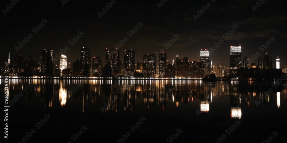 Obraz premium night panorama of the city coastline with reflection in the river or lake. The skyline of city high-rise buildings is reflected in the water. banner