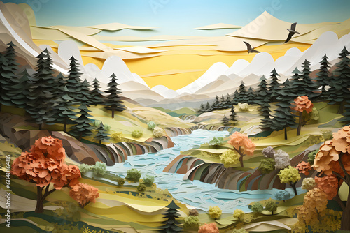 A serene papercraft landscape, with rolling hills, trees, and a tranquil lake that demonstrate the peacefulness of paper artistry. Ai Generated.NO.01 photo