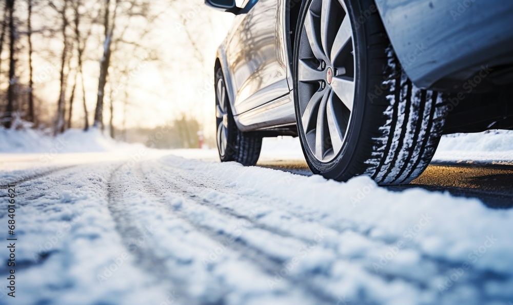 Side view of an blue car with a winter tires on a snowy road winter day. Side view of an blue car with a winter tires on a snowy road winter day.